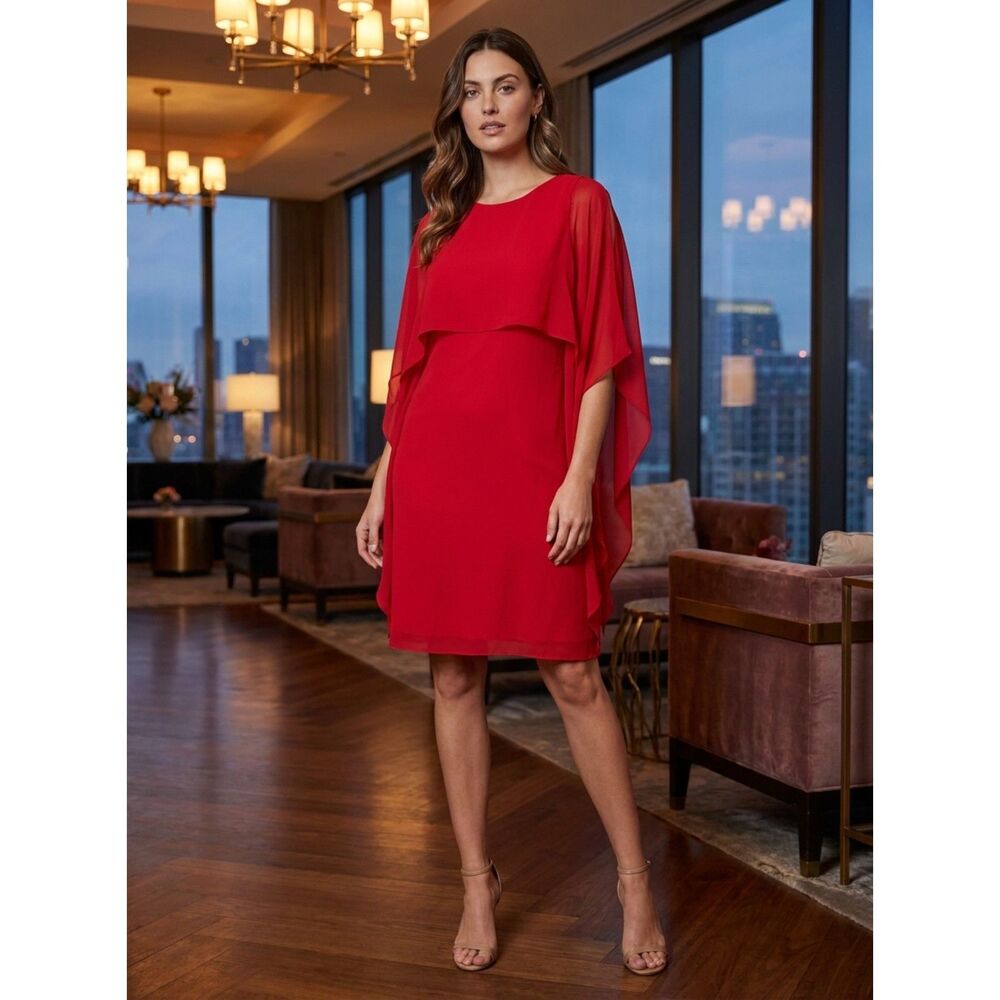 Halston Vibrant Red Layered Sheer-Shoulder Cocktail Dress Large